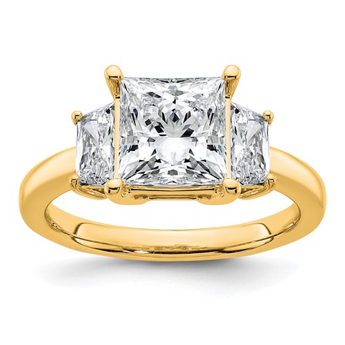 14K Yellow Gold 3.33 Carat Certified Lab Grown Diamond VS+ F+ Princess and Trapezoid Complete Three Stone Engagement Ring