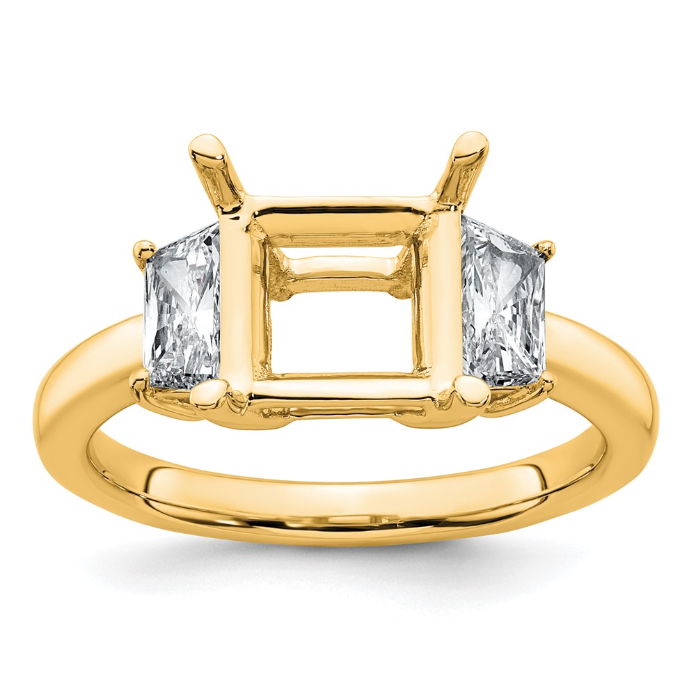 14K Yellow Gold 0.75 Carat Lab Grown Diamond VS+ F+ Trapezoid 2.50 Carat Princess Center Semi Mount Three Stone Engagement Ring