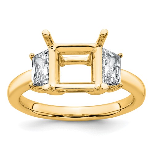 14K Yellow Gold 0.75 Carat Lab Grown Diamond VS+ F+ Trapezoid 2.50 Carat Princess Center Semi Mount Three Stone Engagement Ring