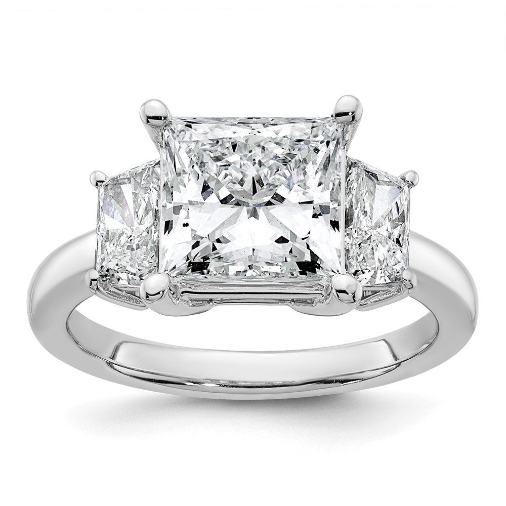 14K White Gold 4 Carat Lab Grown Diamond VS+ F+ Princess and Trapezoid Complete Three Stone Engagement Ring