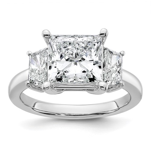 14K White Gold 4 Carat Lab Grown Diamond VS+ F+ Princess and Trapezoid Complete Three Stone Engagement Ring