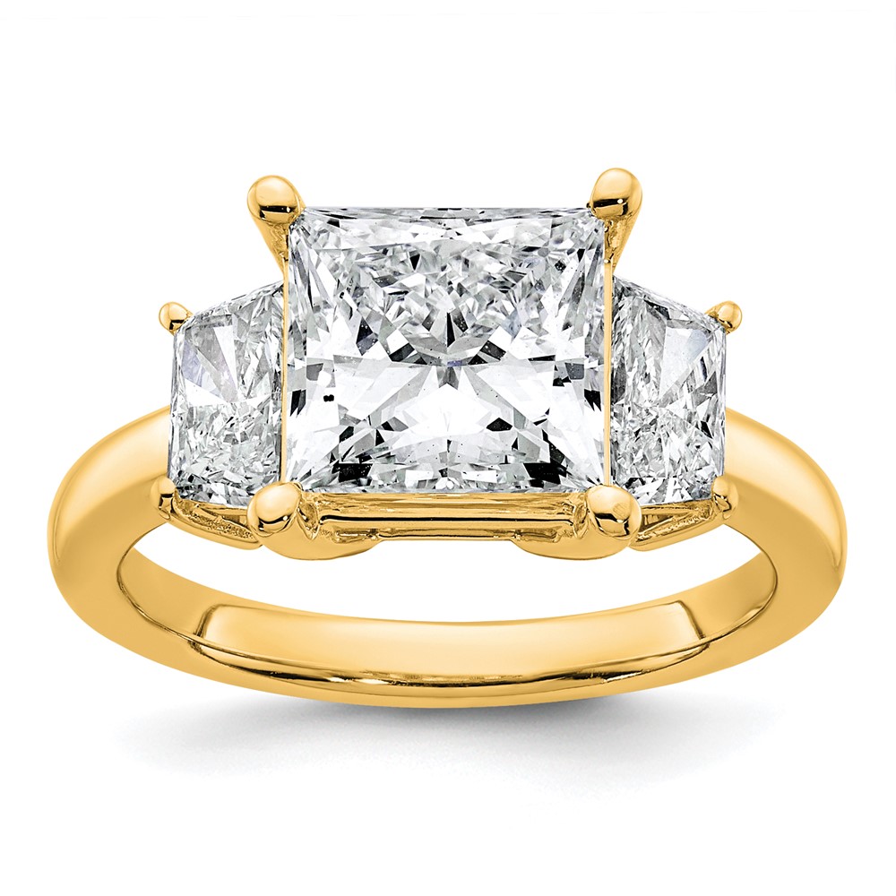 14K Yellow Gold 4 Carat Certified Lab Grown Diamond VS+ F+ Princess and Trapezoid Complete Three Stone Engagement Ring