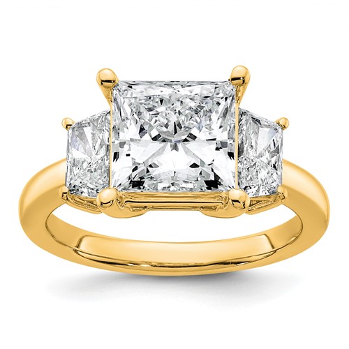 14K Yellow Gold 4 Carat Certified Lab Grown Diamond VS+ F+ Princess and Trapezoid Complete Three Stone Engagement Ring