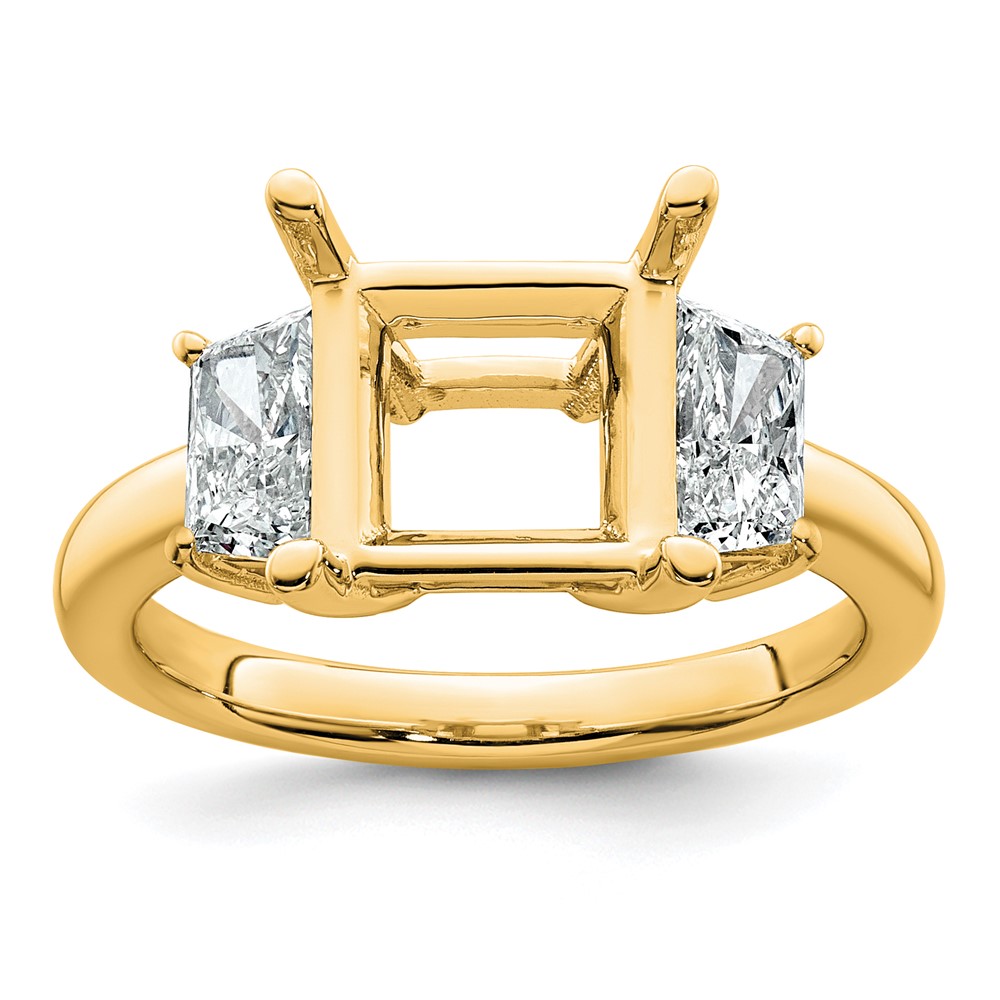 14K Yellow Gold 1 Carat Lab Grown Diamond VS+ F+ Trapezoid 3 Carat Princess Center Semi Mount Three Stone Engagement Ring