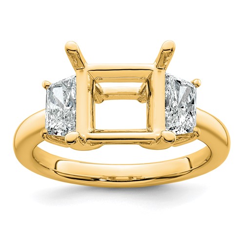 14K Yellow Gold 1 Carat Lab Grown Diamond VS+ F+ Trapezoid 3 Carat Princess Center Semi Mount Three Stone Engagement Ring