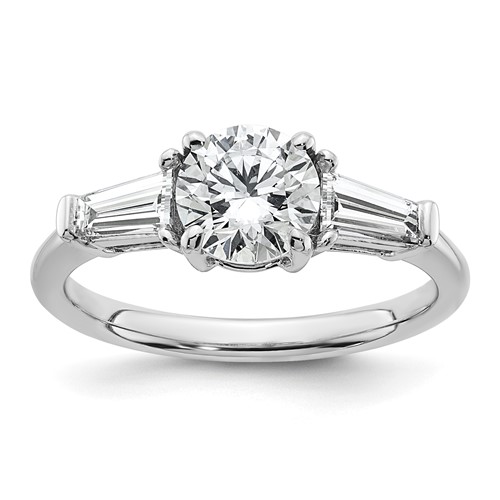 14K White Gold 1.50 Carat Lab Grown Diamond VS+ F+ Round and Tapered Baguette Complete Three Stone Engagement Ring