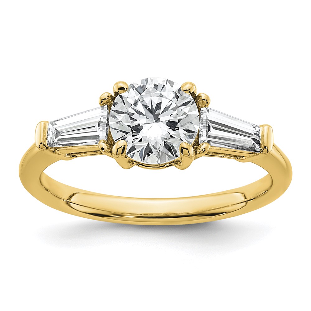14K Yellow Gold 1.50 Carat Certified Lab Grown Diamond VS+ F+ Round and Tapered Baguette Complete Three Stone Engagement Ring