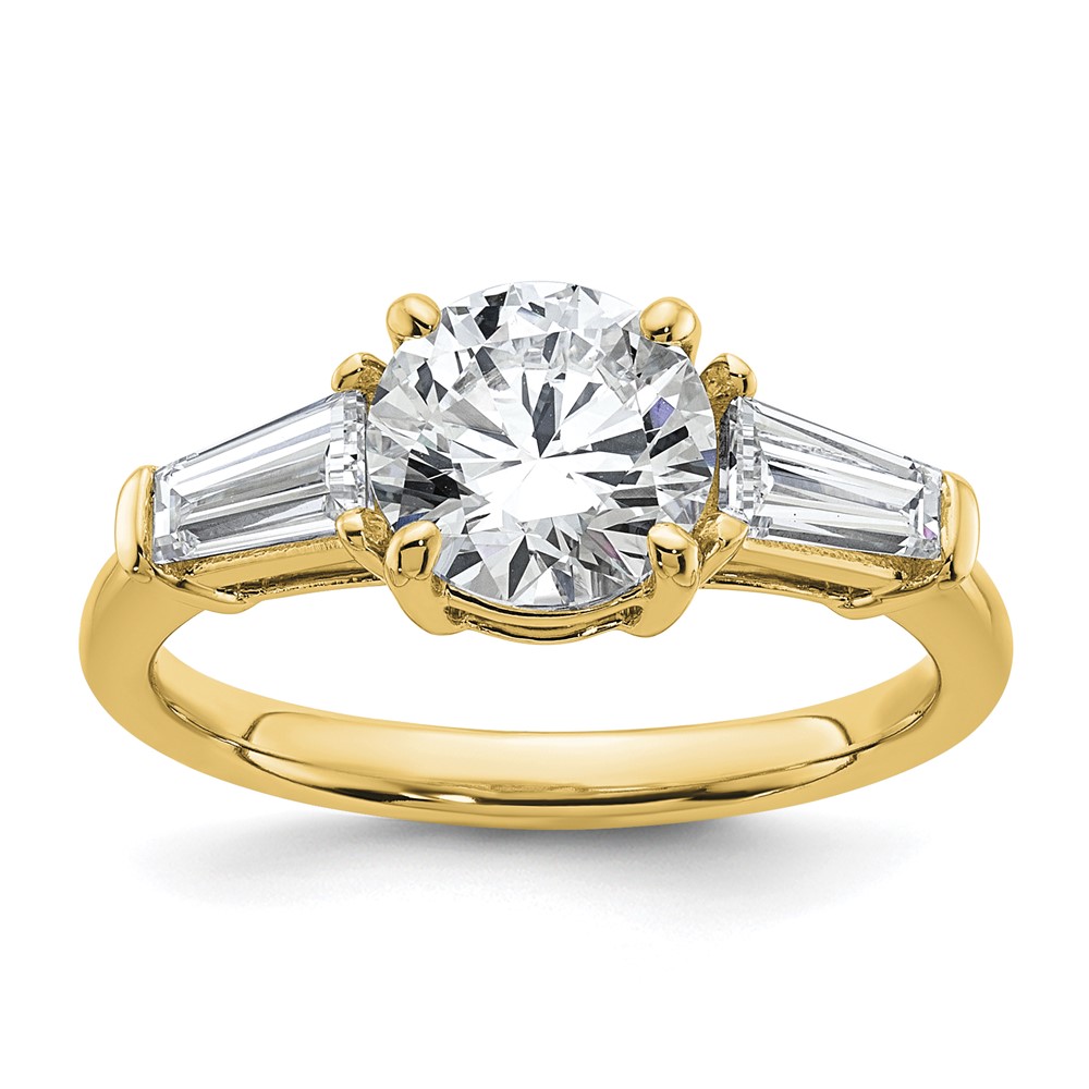 14K Yellow Gold 2.20 Carat Lab Grown Diamond VS+ F+ Round and Tapered Baguette Complete Three Stone Engagement Ring