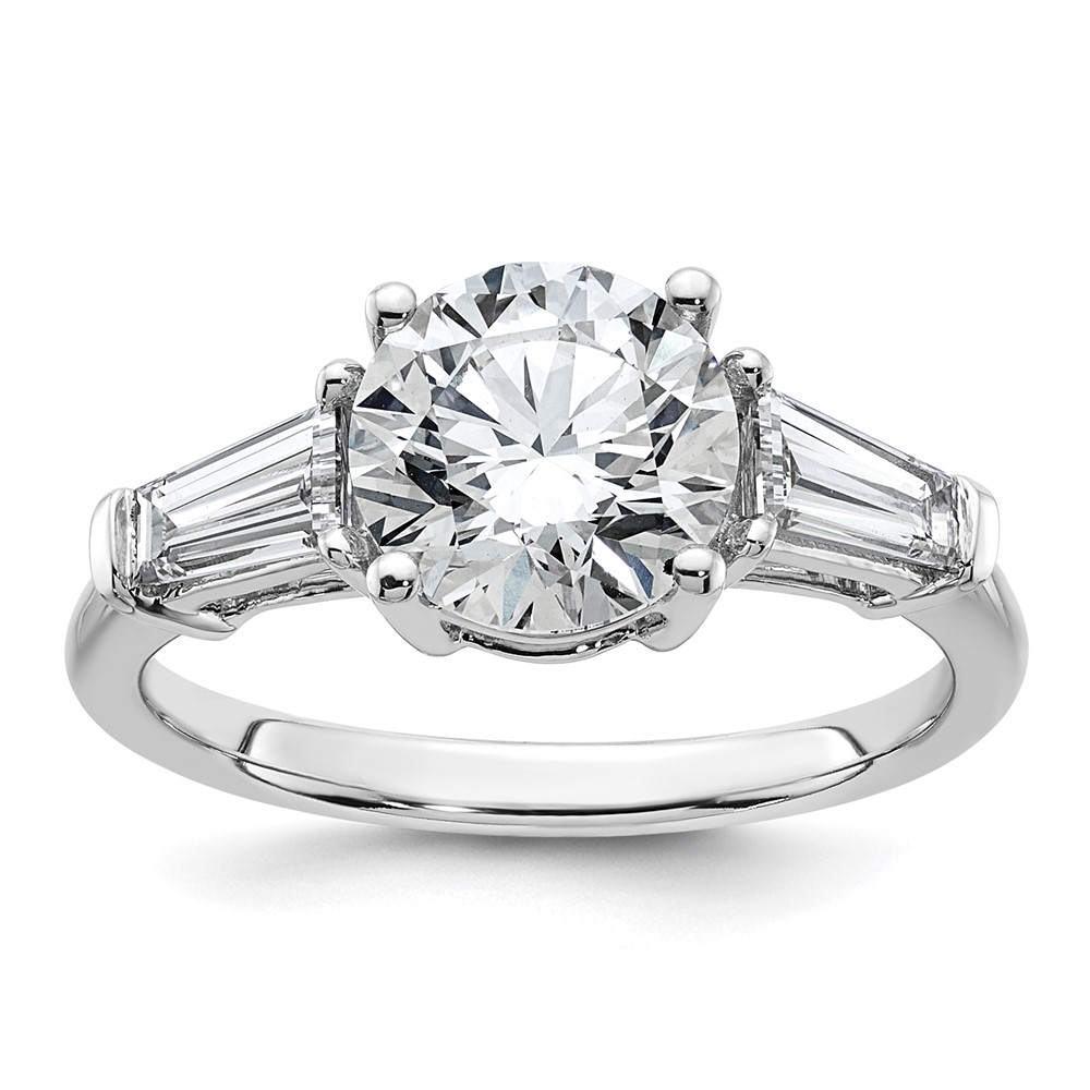 14K White Gold 3 Carat Certified Lab Grown Diamond VS+ F+ Round and Tapered Baguette Complete Three Stone Engagement Ring