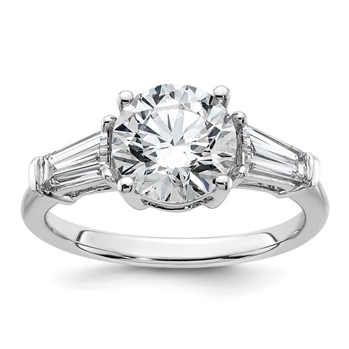 14K White Gold 3 Carat Certified Lab Grown Diamond VS+ F+ Round and Tapered Baguette Complete Three Stone Engagement Ring