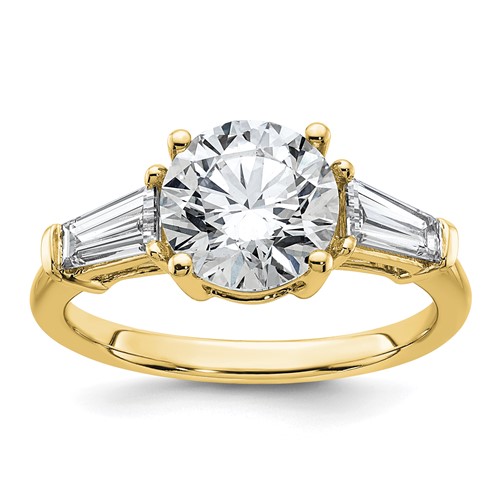 14K Yellow Gold 3 Carat Certified Lab Grown Diamond VS+ F+ Round and Tapered Baguette Complete Three Stone Engagement Ring