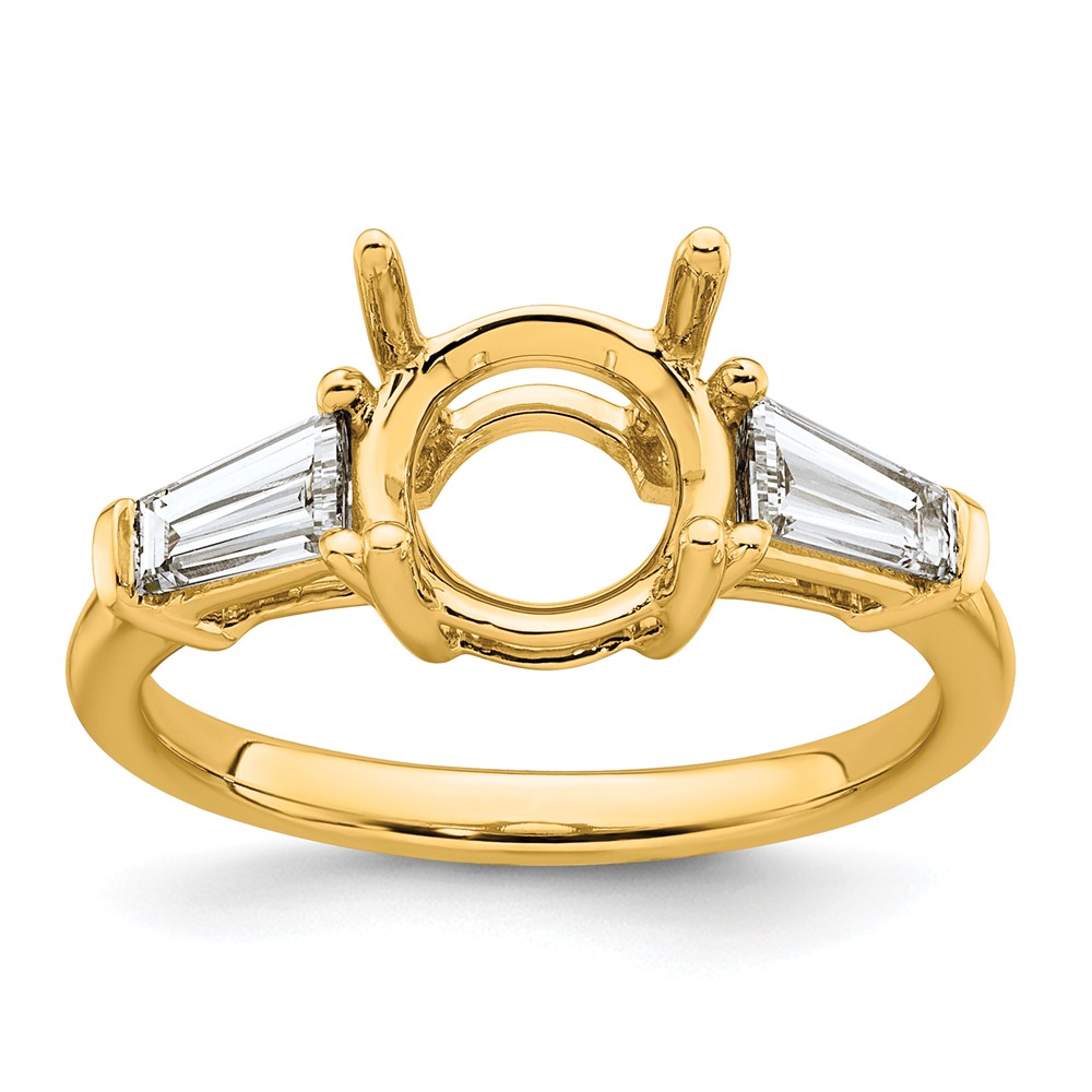 14K Yellow Gold 0.75 Carat Lab Grown Diamond VS+ F+ Tapered Baguette Ring with 2 Carat Round Center Semi Mount Three Stone Engagement
