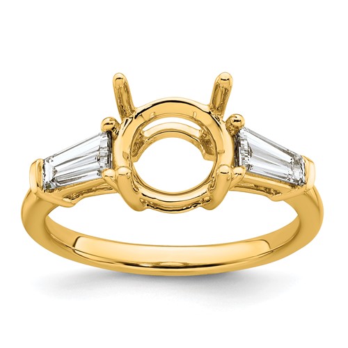 14K Yellow Gold 0.75 Carat Lab Grown Diamond VS+ F+ Tapered Baguette Ring with 2 Carat Round Center Semi Mount Three Stone Engagement