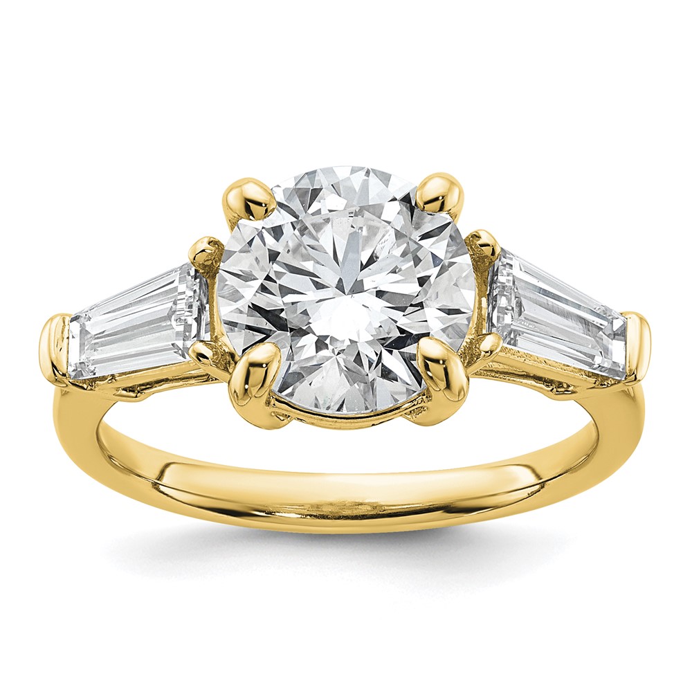 14K Yellow Gold 3.75 Carat Lab Grown Diamond VS+ F+ Round and Tapered Baguette Complete Three Stone Engagement Ring