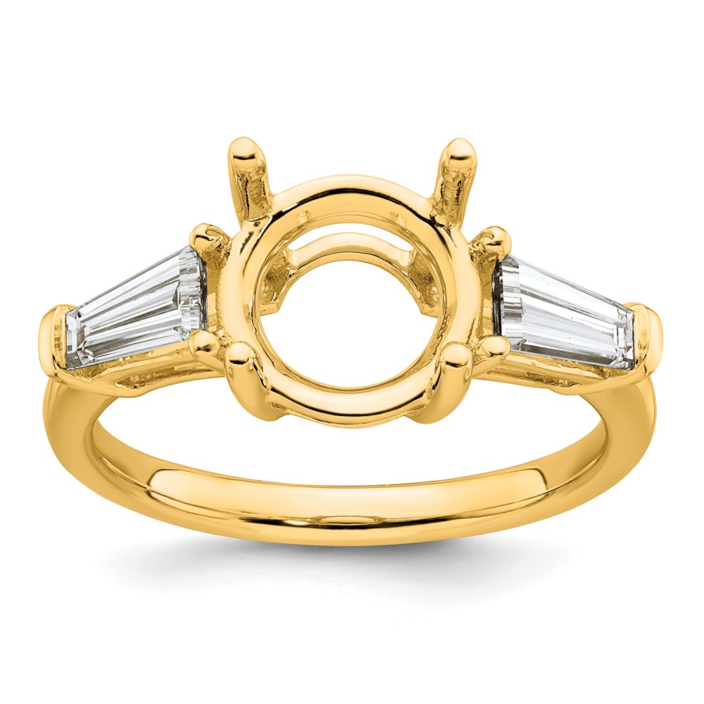 14K Yellow Gold 0.88 Carat Lab Grown Diamond VS+ F+ Tapered Baguette Ring with 2.50 Carat Round Center Semi Mount Three Stone Engagement