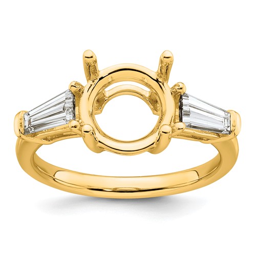 14K Yellow Gold 0.88 Carat Lab Grown Diamond VS+ F+ Tapered Baguette Ring with 2.50 Carat Round Center Semi Mount Three Stone Engagement