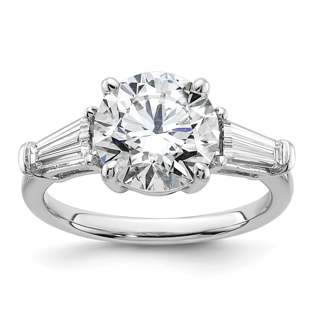 14K White Gold 3.75 Carat Lab Grown Diamond VS+ F+ Round and Tapered Baguette Complete Three Stone Engagement Ring