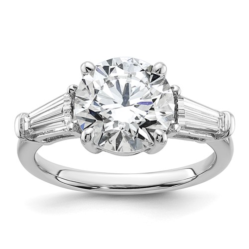14K White Gold 3.75 Carat Certified Lab Grown Diamond VS+ F+ Round and Tapered Baguette Complete Three Stone Engagement Ring