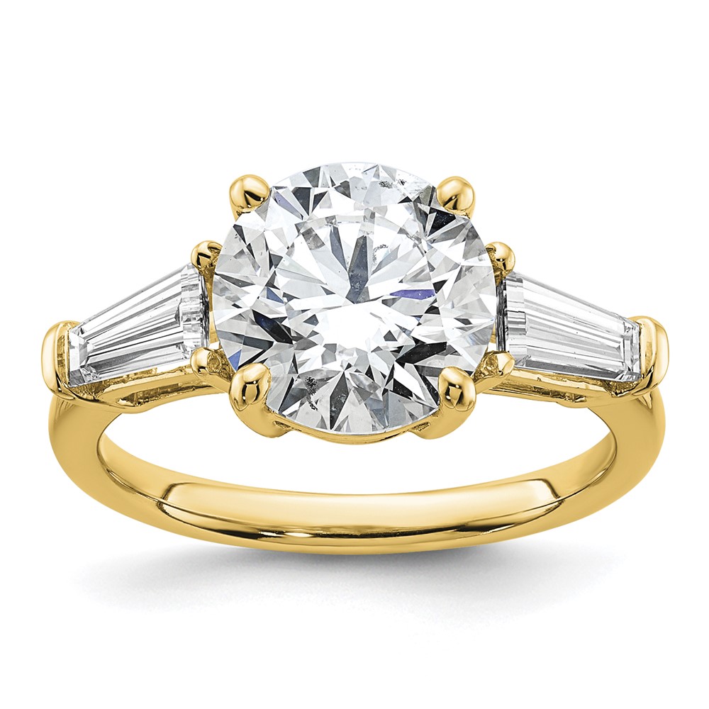 14K Yellow Gold 3.75 Carat Lab Grown Diamond VS+ F+ Round and Tapered Baguette Complete Three Stone Engagement Ring