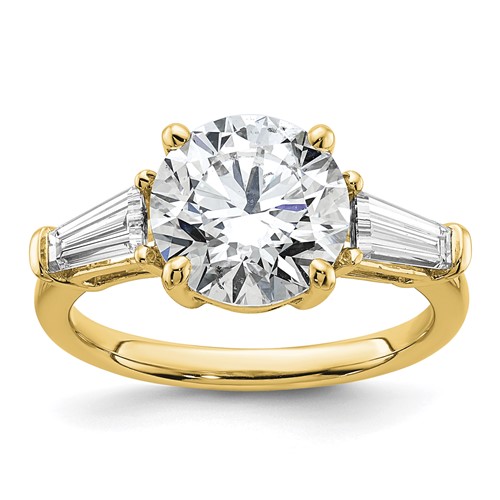 14K Yellow Gold 3.75 Carat Certified Lab Grown Diamond VS+ F+ Round and Tapered Baguette Complete Three Stone Engagement Ring