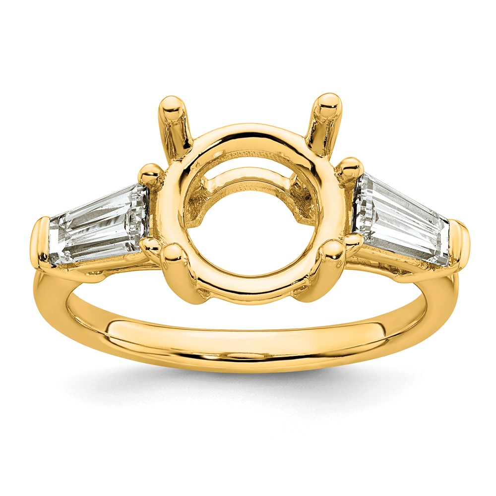 14K Yellow Gold 0.75 Carat Lab Grown Diamond VS+ F+ Tapered Baguette Ring with 3 Carat Round Center Semi Mount Three Stone Engagement
