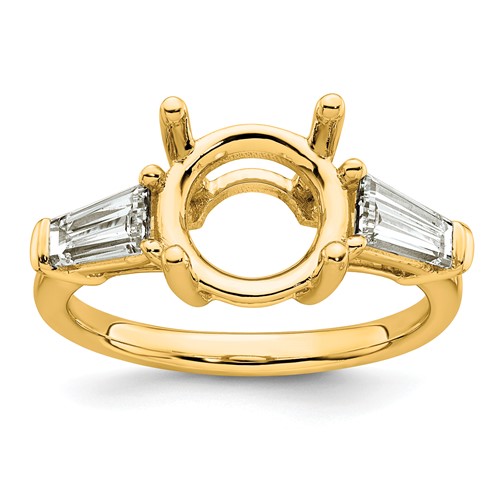 14K Yellow Gold 0.75 Carat Lab Grown Diamond VS+ F+ Tapered Baguette Ring with 3 Carat Round Center Semi Mount Three Stone Engagement