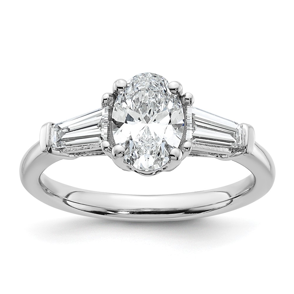 14K White Gold 1.50 Carat Certified Lab Grown Diamond VS+ F+ Oval and Tapered Baguette Complete Three Stone Engagement Ring