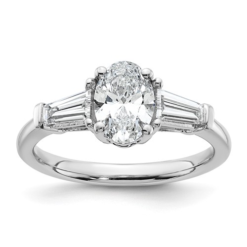 14K White Gold 1.50 Carat Certified Lab Grown Diamond VS+ F+ Oval and Tapered Baguette Complete Three Stone Engagement Ring