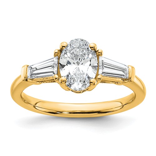 14K Yellow Gold 1.50 Carat Certified Lab Grown Diamond VS+ F+ Oval and Tapered Baguette Complete Three Stone Engagement Ring