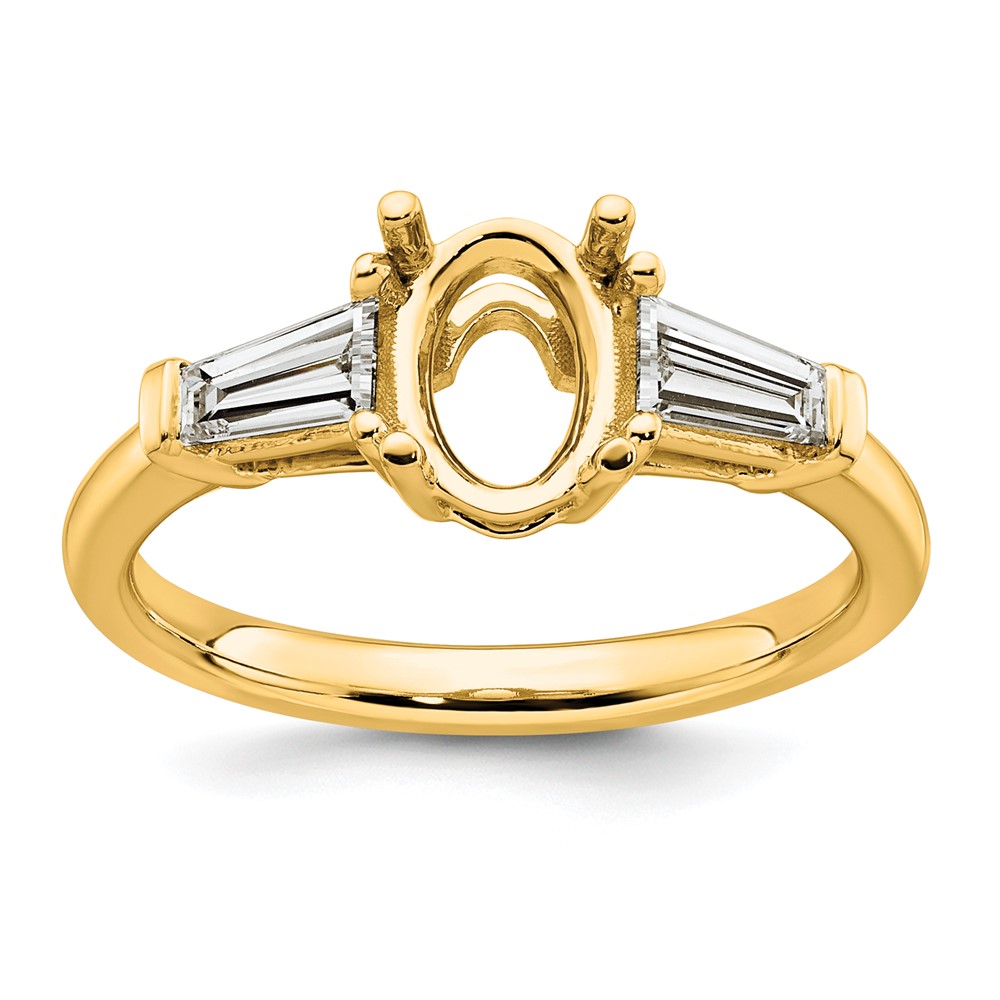 14K Yellow Gold 0.50 Carat Lab Grown Diamond VS+ F+ Tapered Baguette 1 Carat Oval Semi Mount Three Stone Engagement Ring