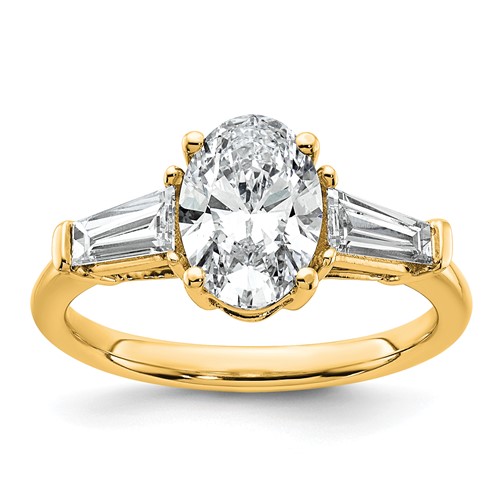 14K Yellow Gold 2.20 Carat Certified Lab Grown Diamond VS+ F+ Oval and Tapered Baguette Complete Three Stone Engagement Ring
