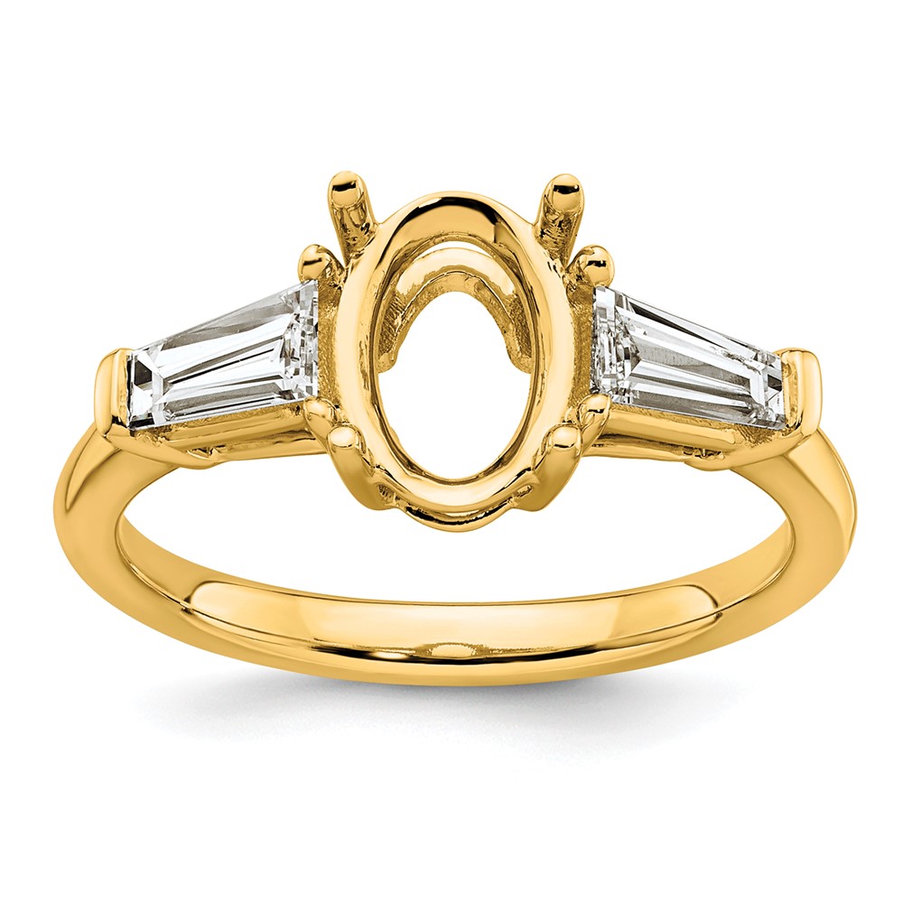 14K Yellow Gold 0.75 Carat Lab Grown Diamond VS+ F+ Tapered Baguette 1.50 Carat Oval Semi Mount Three Stone Engagement Ring