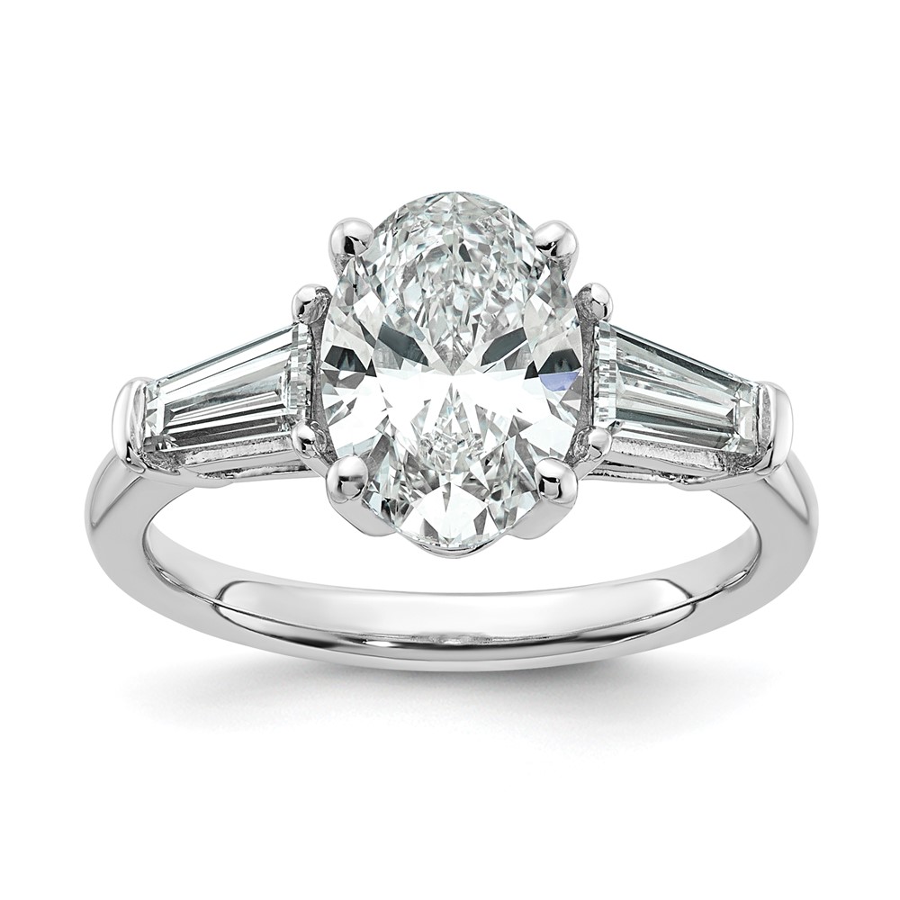 14K White Gold 2.75 Carat Certified Lab Grown Diamond VS+ F+ Oval and Tapered Baguette Complete Three Stone Engagement Ring