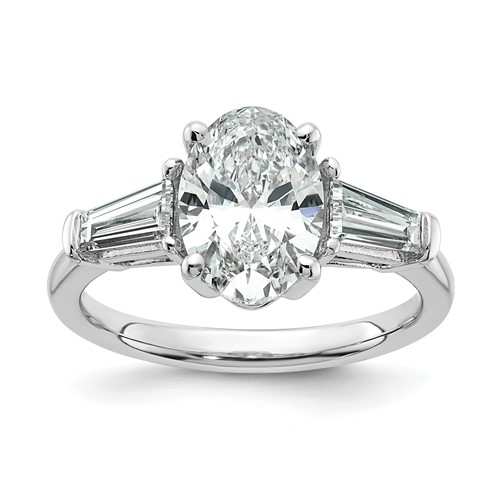 14K White Gold 2.75 Carat Certified Lab Grown Diamond VS+ F+ Oval and Tapered Baguette Complete Three Stone Engagement Ring