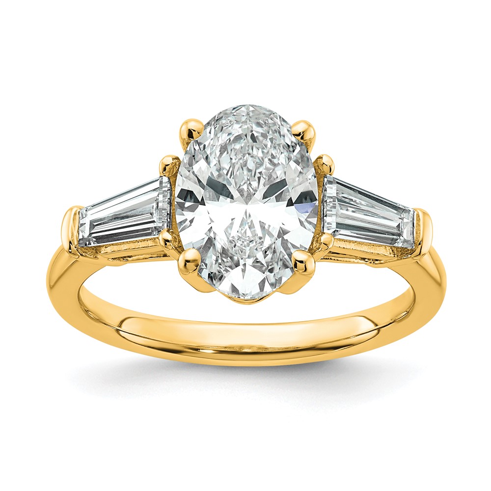 14K Yellow Gold 2.75 Carat Certified Lab Grown Diamond VS+ F+ Oval and Tapered Baguette Complete Three Stone Engagement Ring