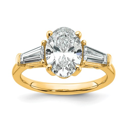 14K Yellow Gold 2.75 Carat Certified Lab Grown Diamond VS+ F+ Oval and Tapered Baguette Complete Three Stone Engagement Ring