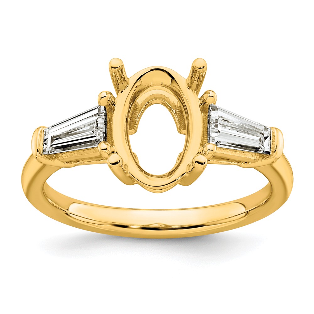 14K Yellow Gold 0.75 Carat Lab Grown Diamond VS+ F+ Tapered Baguette 2 Carat Oval Semi Mount Three Stone Engagement Ring