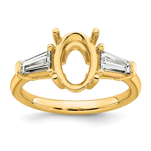 14K Yellow Gold 0.75 Carat Lab Grown Diamond VS+ F+ Tapered Baguette 2 Carat Oval Semi Mount Three Stone Engagement Ring