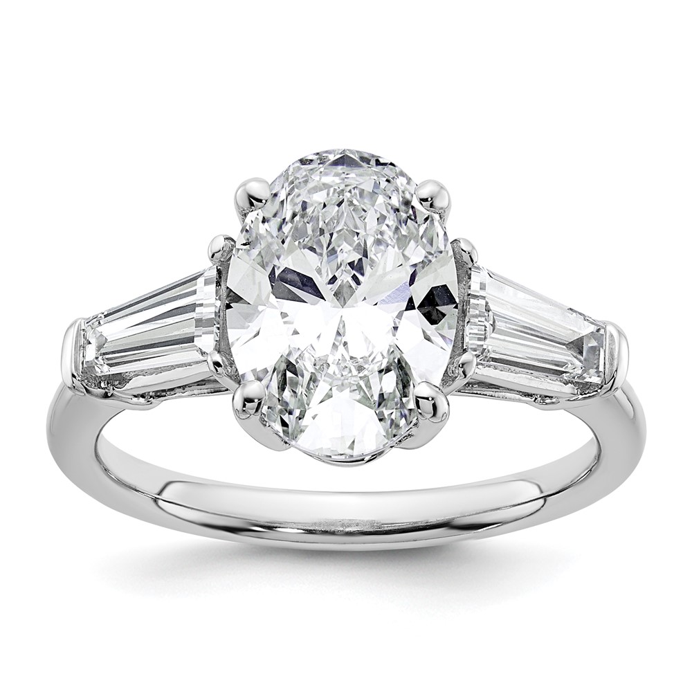 14K White Gold 3.20 Carat Certified Lab Grown Diamond VS+ F+ Oval and Tapered Baguette Complete Three Stone Engagement Ring