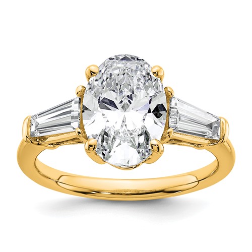 14K Yellow Gold 3.20 Carat Certified Lab Grown Diamond VS+ F+ Oval and Tapered Baguette Complete Three Stone Engagement Ring