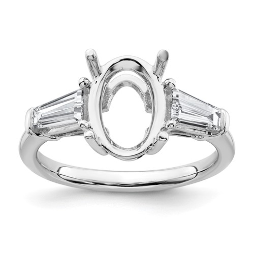 14K White Gold 0.75 Carat Lab Grown Diamond VS+ F+ Tapered Baguette 2.50 Carat Oval Semi Mount Three Stone Engagement Ring