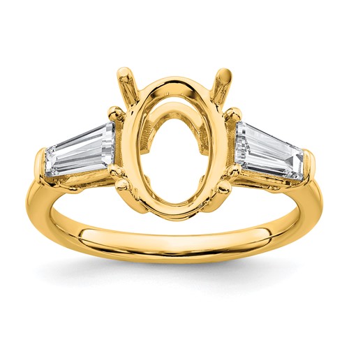 14K Yellow Gold 0.75 Carat Lab Grown Diamond VS+ F+ Tapered Baguette 2.50 Carat Oval Semi Mount Three Stone Engagement Ring