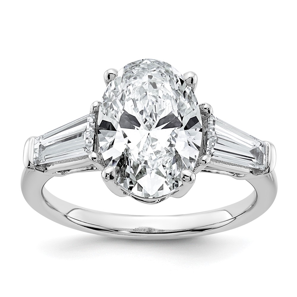 14K White Gold 3.75 Carat Certified Lab Grown Diamond VS+ F+ Oval and Tapered Baguette Complete Three Stone Engagement Ring