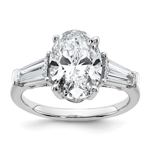 14K White Gold 3.75 Carat Certified Lab Grown Diamond VS+ F+ Oval and Tapered Baguette Complete Three Stone Engagement Ring
