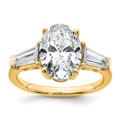 14K Yellow Gold 3.75 Carat Certified Lab Grown Diamond VS+ F+ Oval and Tapered Baguette Complete Three Stone Engagement Ring