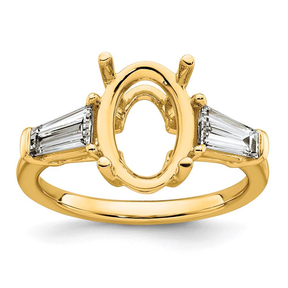 14K Yellow Gold 0.75 Carat Lab Grown Diamond VS+ F+ Tapered Baguette 3 Carat Oval Semi Mount Three Stone Engagement Ring