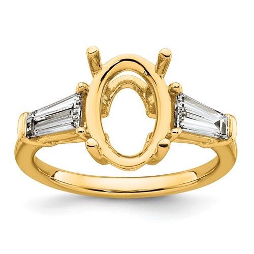 14K Yellow Gold 0.75 Carat Lab Grown Diamond VS+ F+ Tapered Baguette 3 Carat Oval Semi Mount Three Stone Engagement Ring