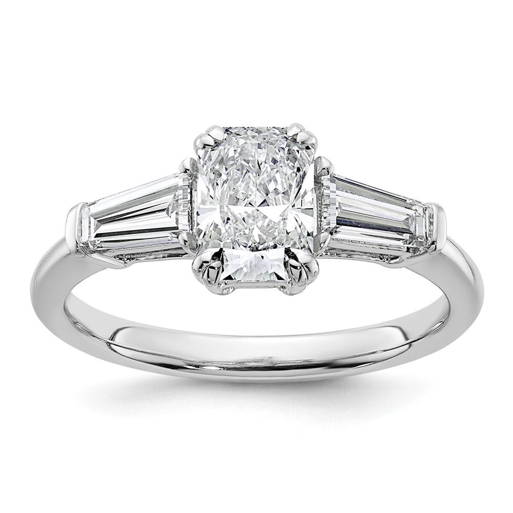 14K White Gold 1.50 Carat Certified Lab Grown Diamond VS+ F+ Radiant Ring with Tapered Baguette Sides Complete Engagement