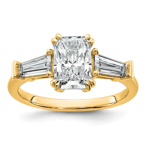 14K Yellow Gold 2 Carat Certified Lab Grown Diamond VS+ F+ Radiant Ring with Tapered Baguette Sides Complete Engagement