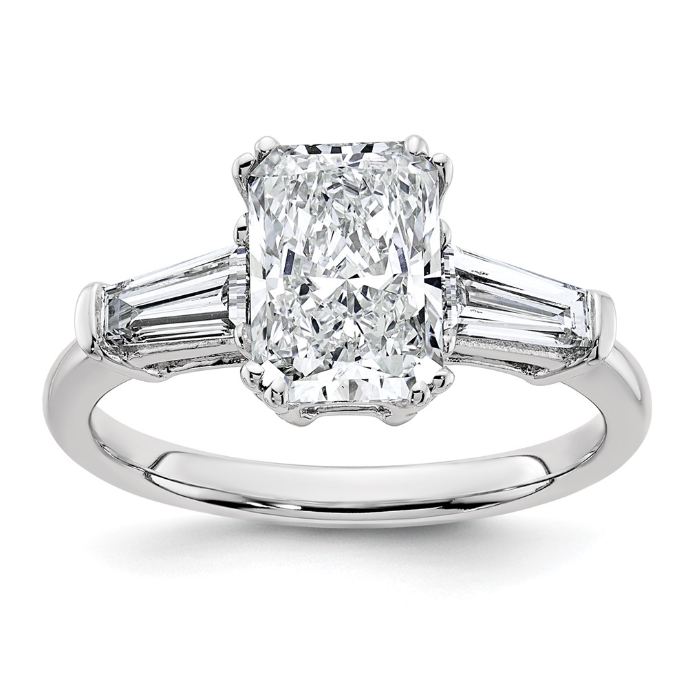 14K White Gold 2.62 Carat Certified Lab Grown Diamond VS+ F+ Radiant Ring with Tapered Baguette Sides Complete Engagement